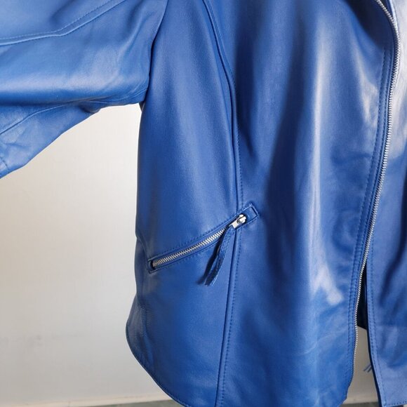 Women's "Twiggy London" 100% Genuine Leather Medium Blue Moto Jacket (Size: 1X) - Picture 5 of 14